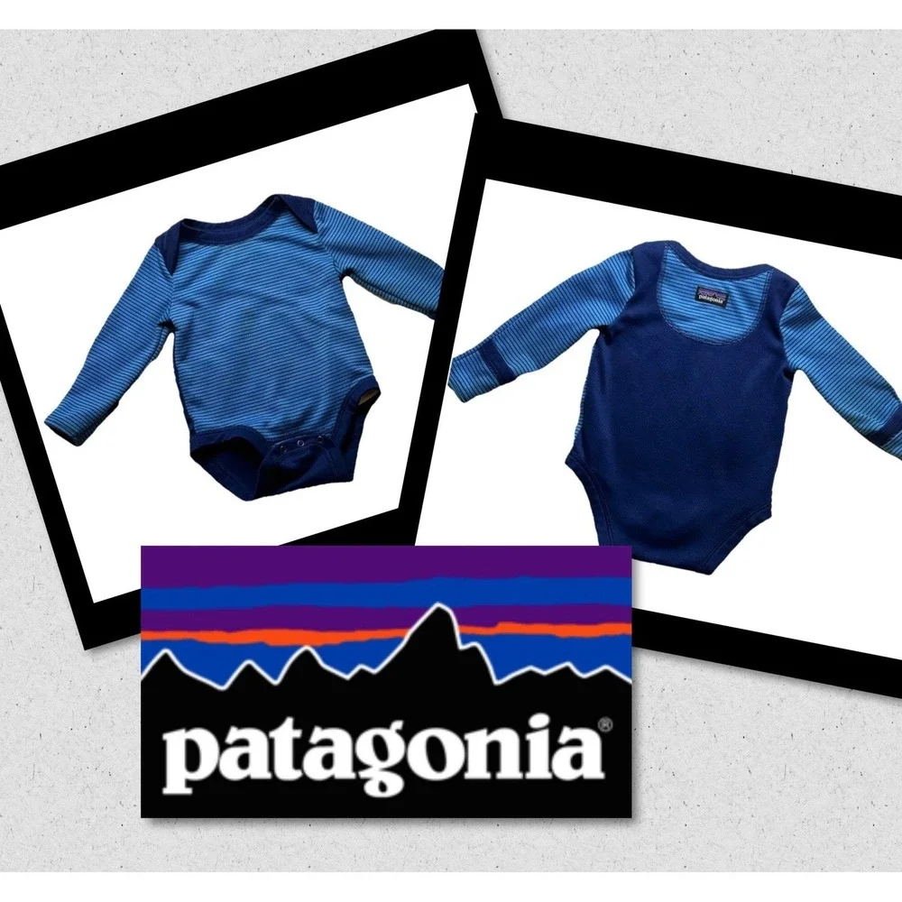 Patagonia Baby One Piece Capilene Blue Striped Long Sleeve Bodysuit 6 - 12 Month